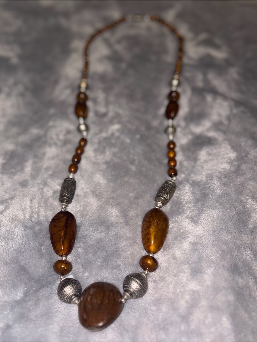 Amber Tone Beaded Statement Necklace Silver Tone Ornate Boho Artisan 19" 97g